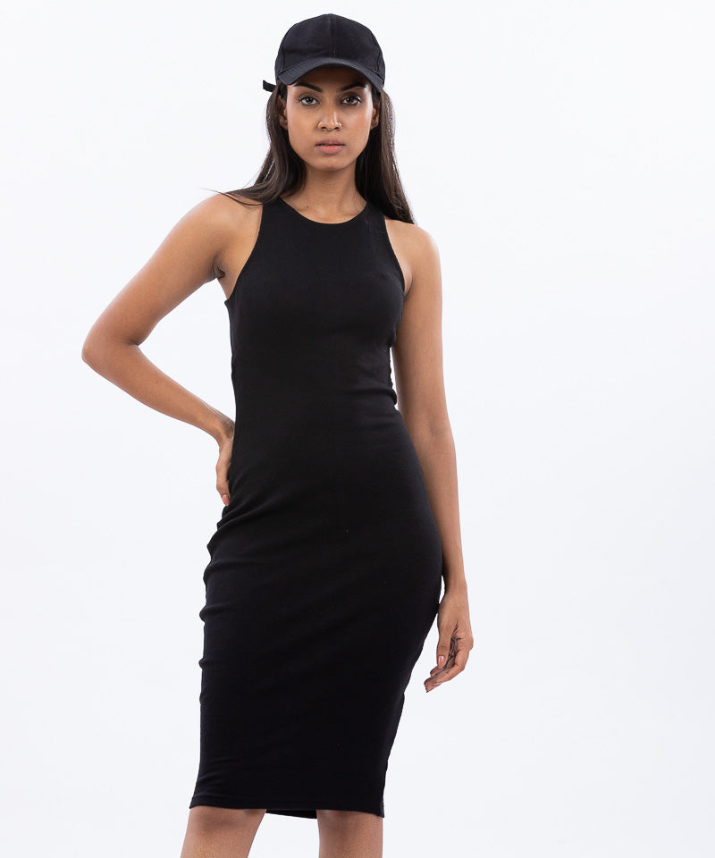 Ribbed High Neck Slit Back Bodycon Dress - Black