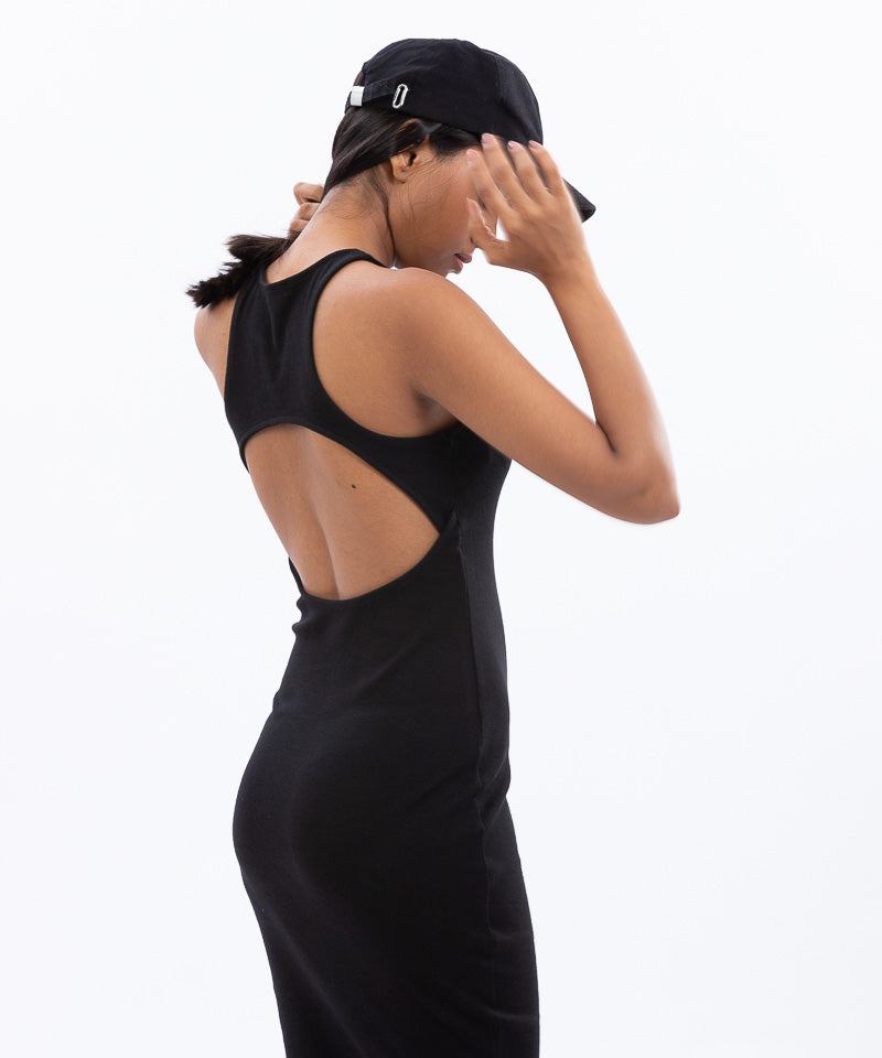 Ribbed High Neck Slit Back Bodycon Dress - Black