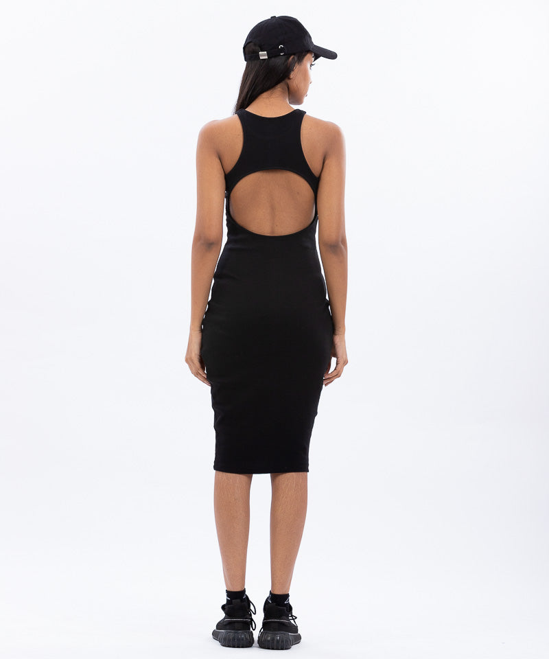 Ribbed High Neck Slit Back Bodycon Dress - Black