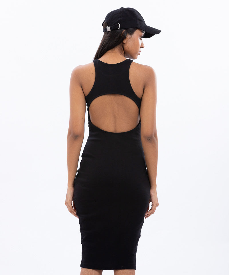 Ribbed High Neck Slit Back Bodycon Dress - Black
