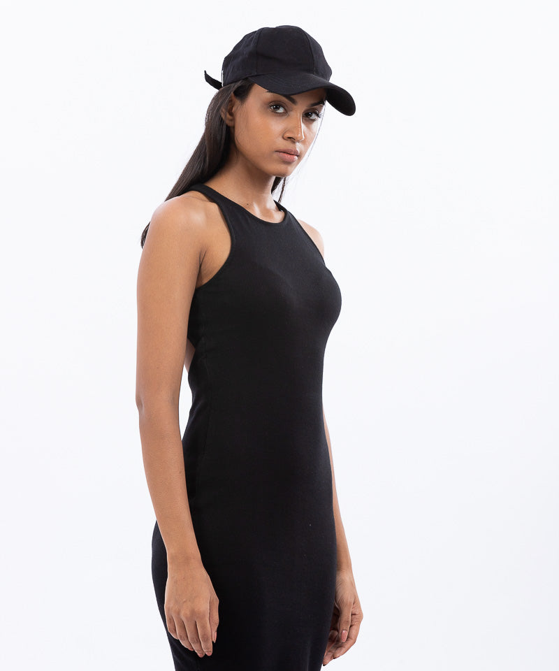 Ribbed High Neck Slit Back Bodycon Dress - Black