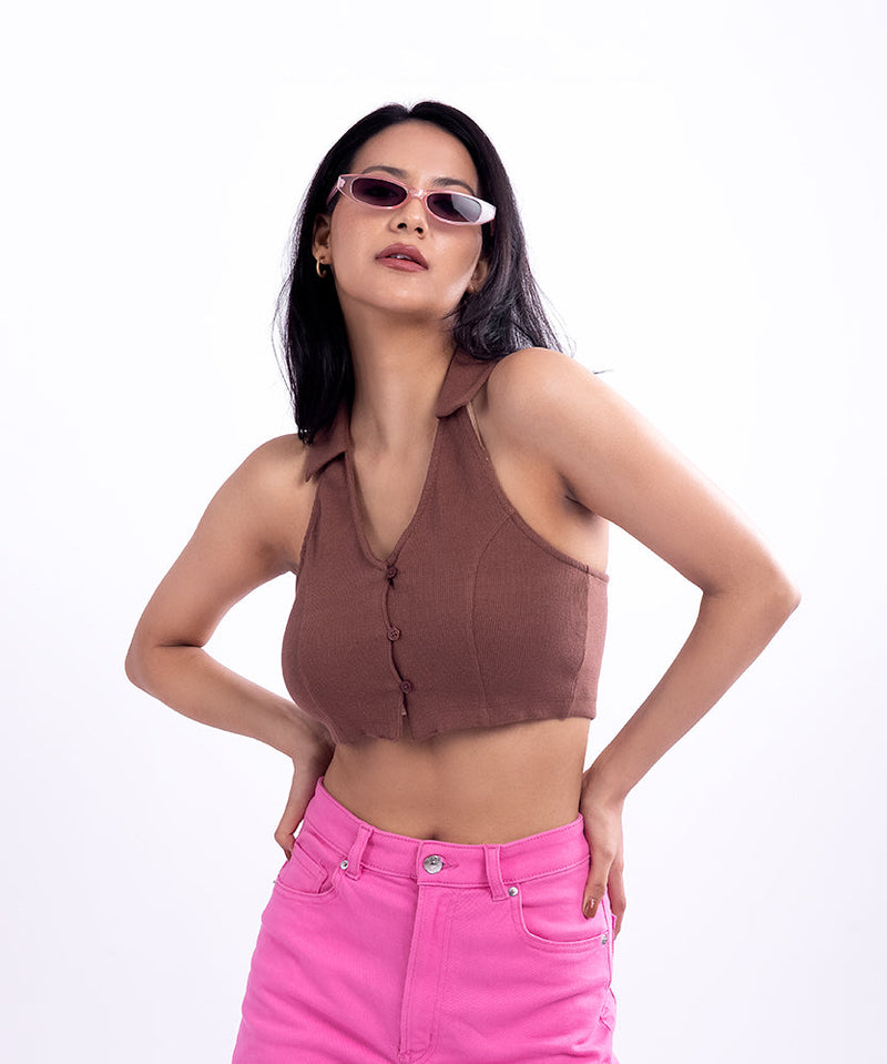 Ribbed Collared HalterNeck Cropped Top