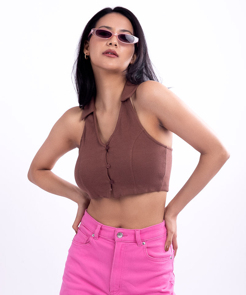 Ribbed Collared HalterNeck Cropped Top - Brown