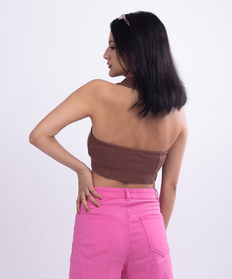 Ribbed Collared HalterNeck Cropped Top