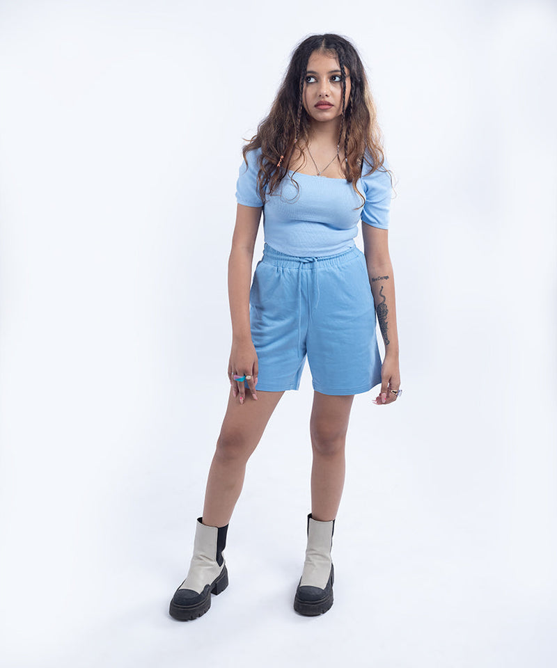 Ribbed Puff Sleeves SquareNeck Top - Light blue