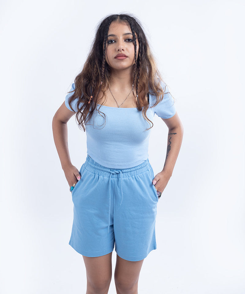 Ribbed Puff Sleeves SquareNeck Top - Light blue