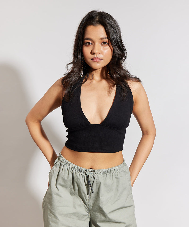 Black Halterneck Ribbed Crop Top