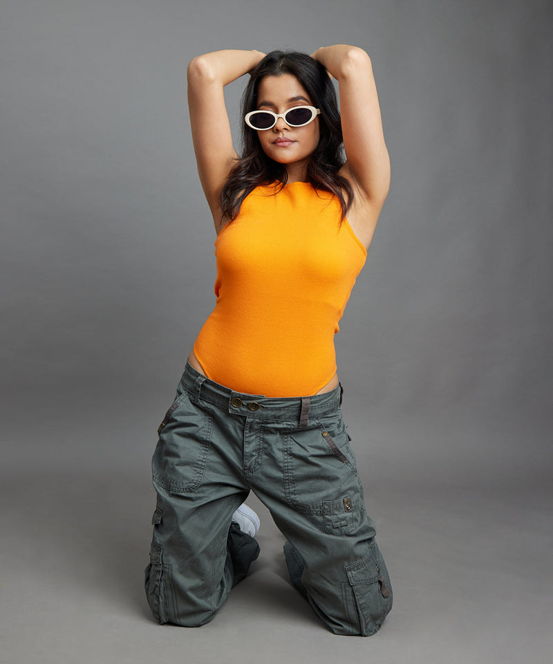 Ribbed Racerback Thong Body Suit - Neon orange