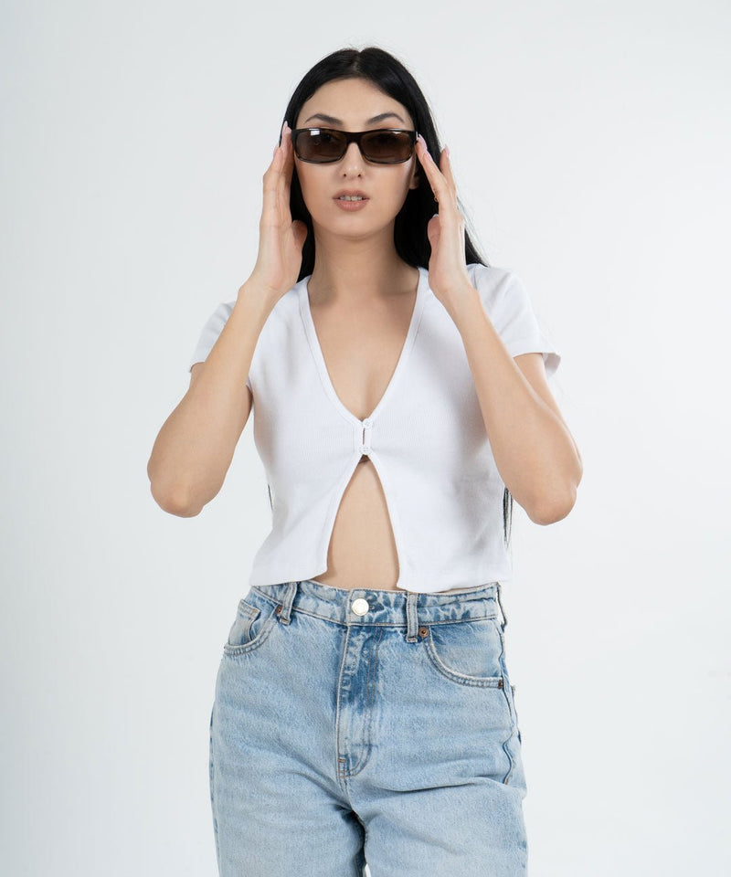 Ribbed Button Top V-Neck