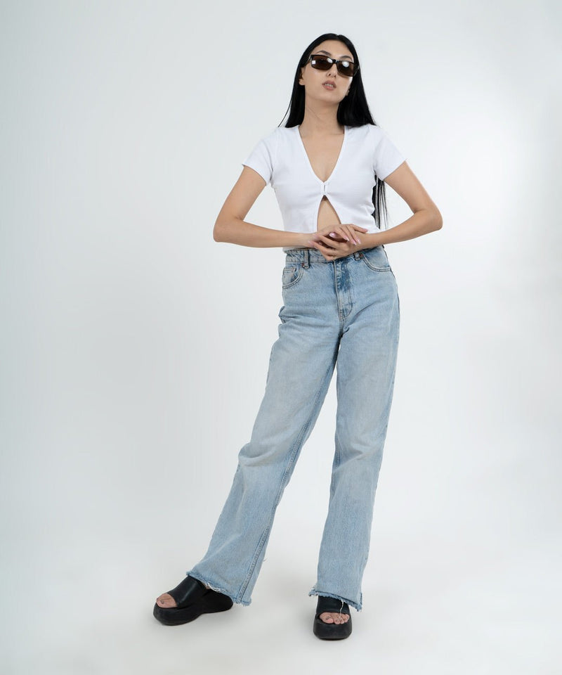 Ribbed Button Top V-Neck
