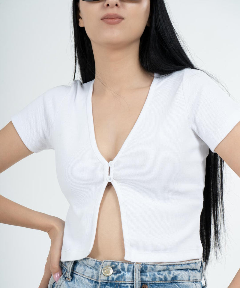 Ribbed Button Top V-Neck