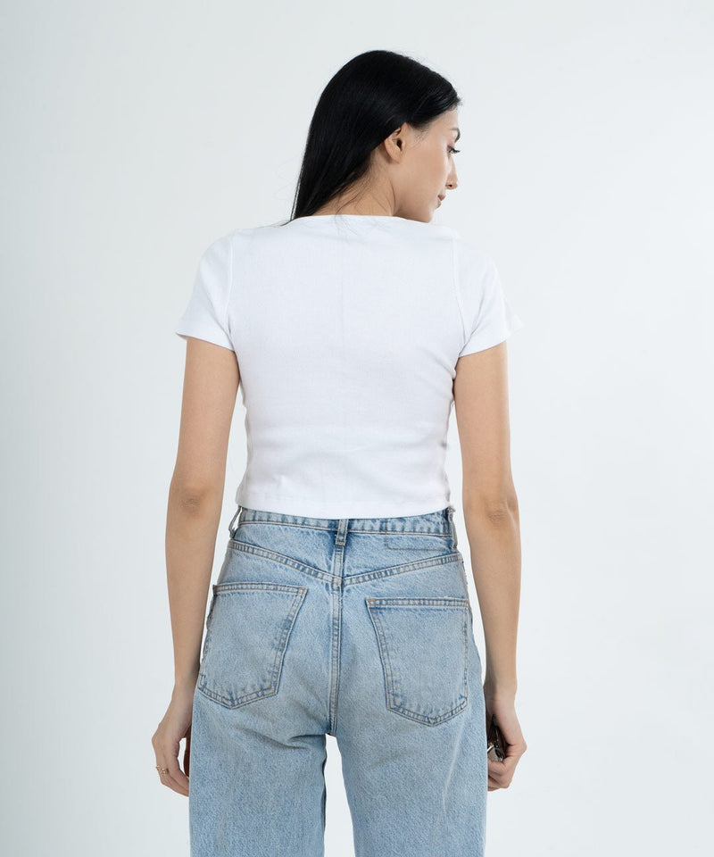 Ribbed Button Top V-Neck