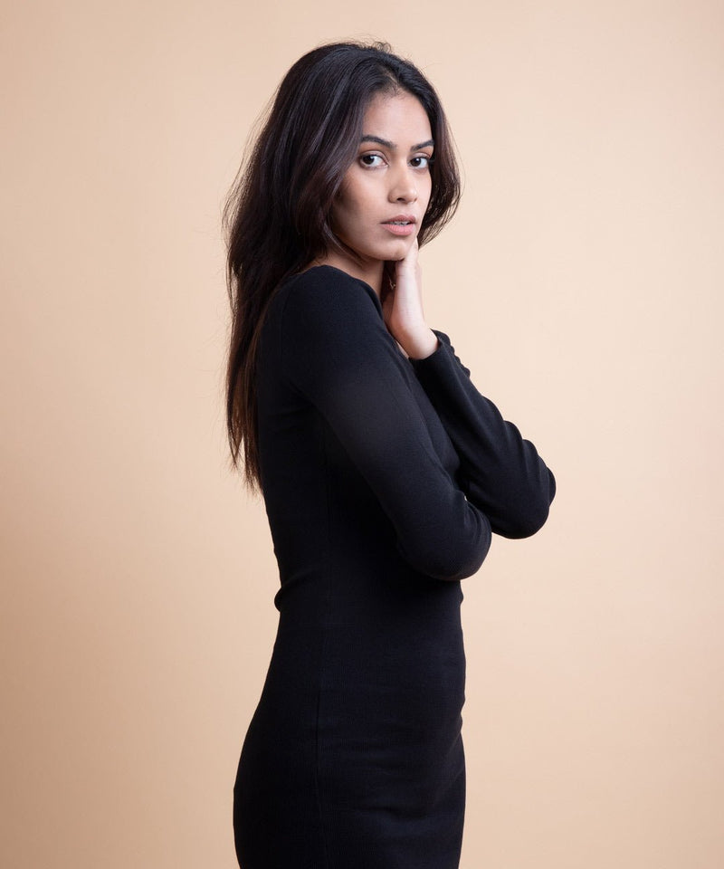 Ribbed Calf Length Full Sleeves Dress - Black - TheBTclub
