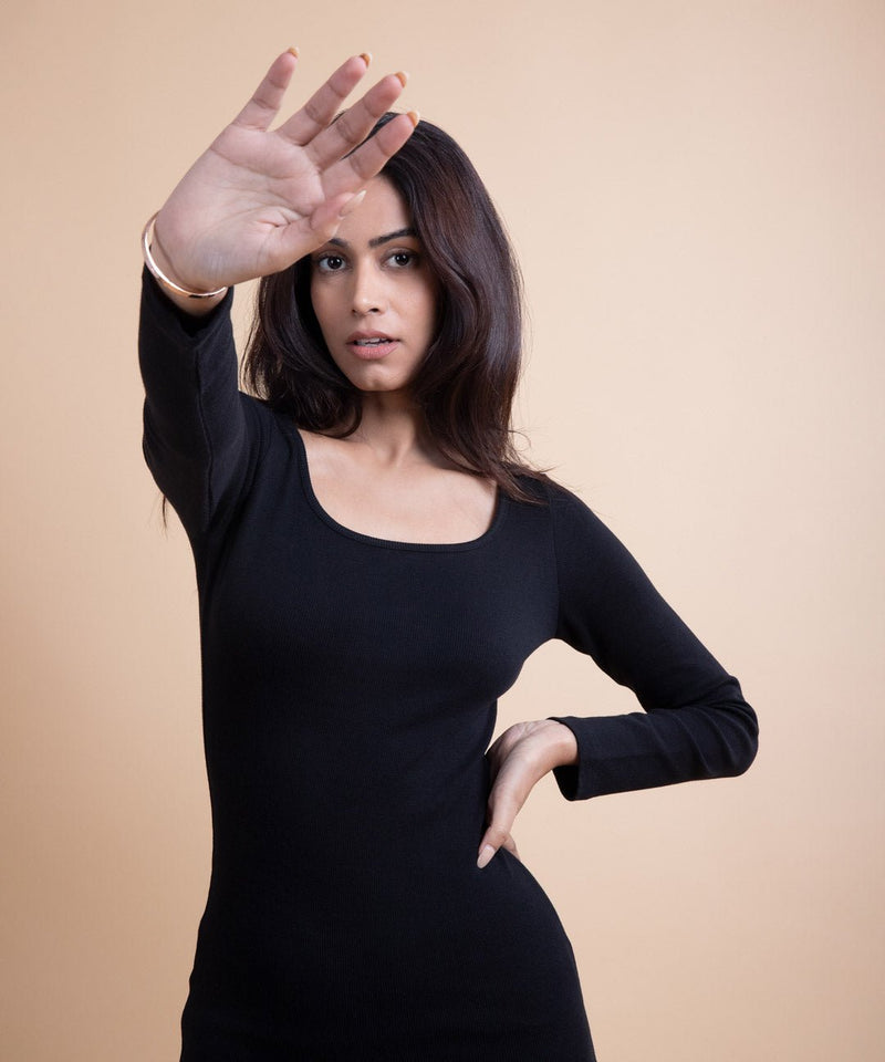 Ribbed Calf Length Full Sleeves Dress - Black - TheBTclub