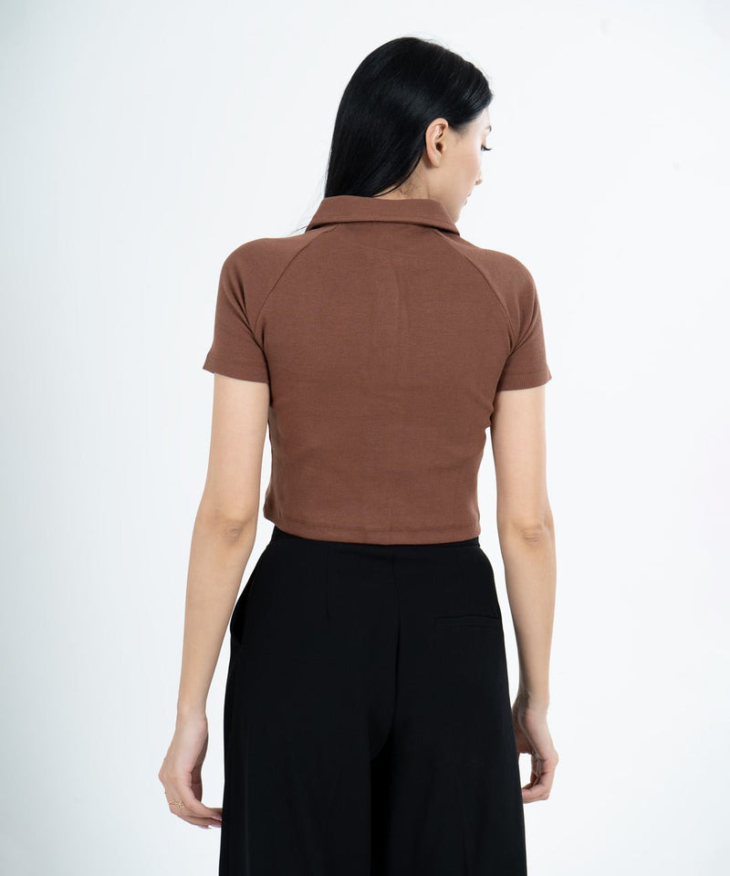 Ribbed Collar Half Sleeves Button Top - Chestnut Brown - TheBTclub