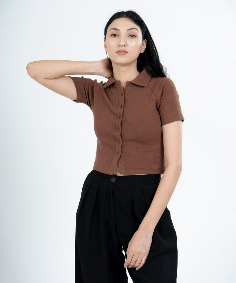 Ribbed Collar Half Sleeves Button Top - Chestnut Brown - TheBTclub