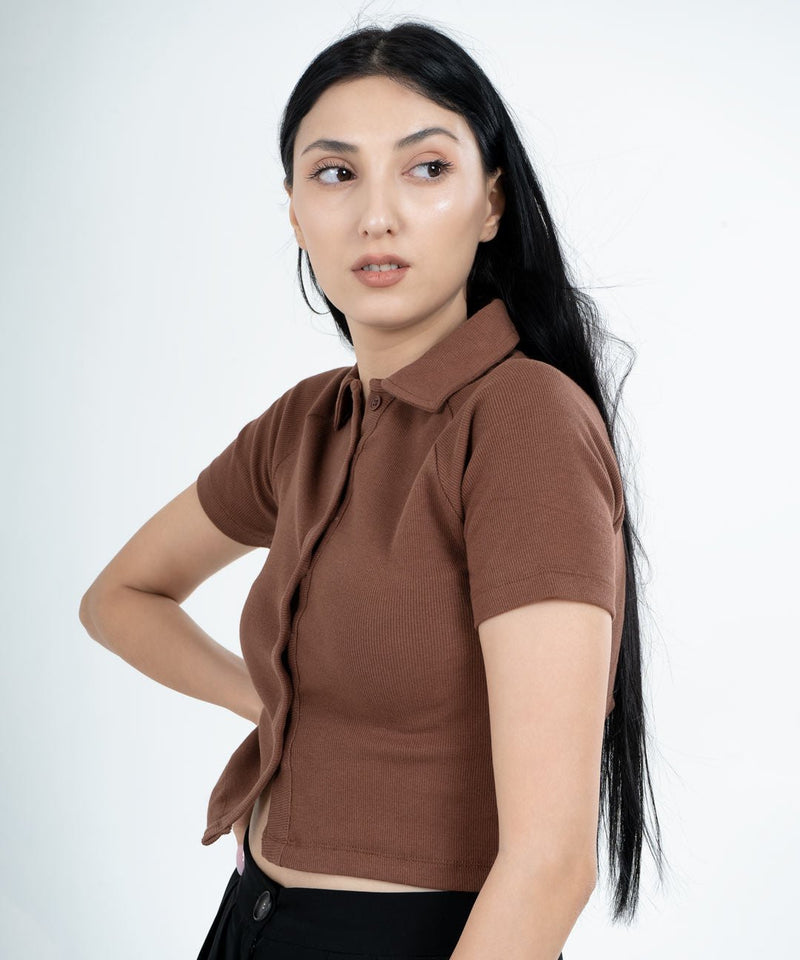 Ribbed Collar Half Sleeves Button Top - Chestnut Brown - TheBTclub
