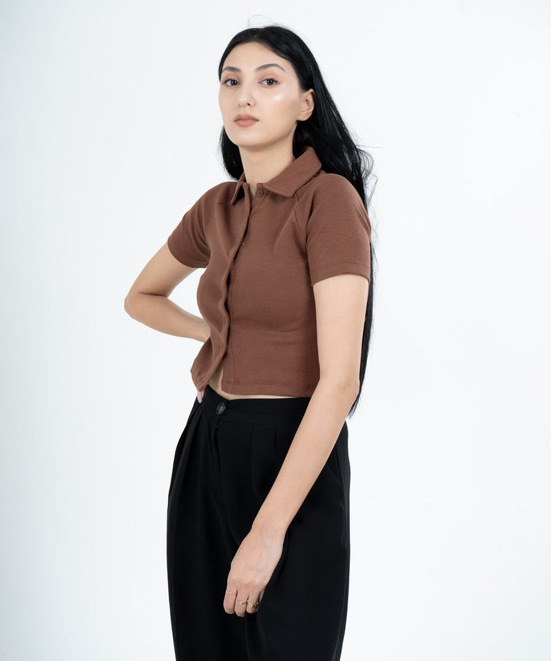 Ribbed Collar Half Sleeves Button Top - Chestnut Brown - TheBTclub