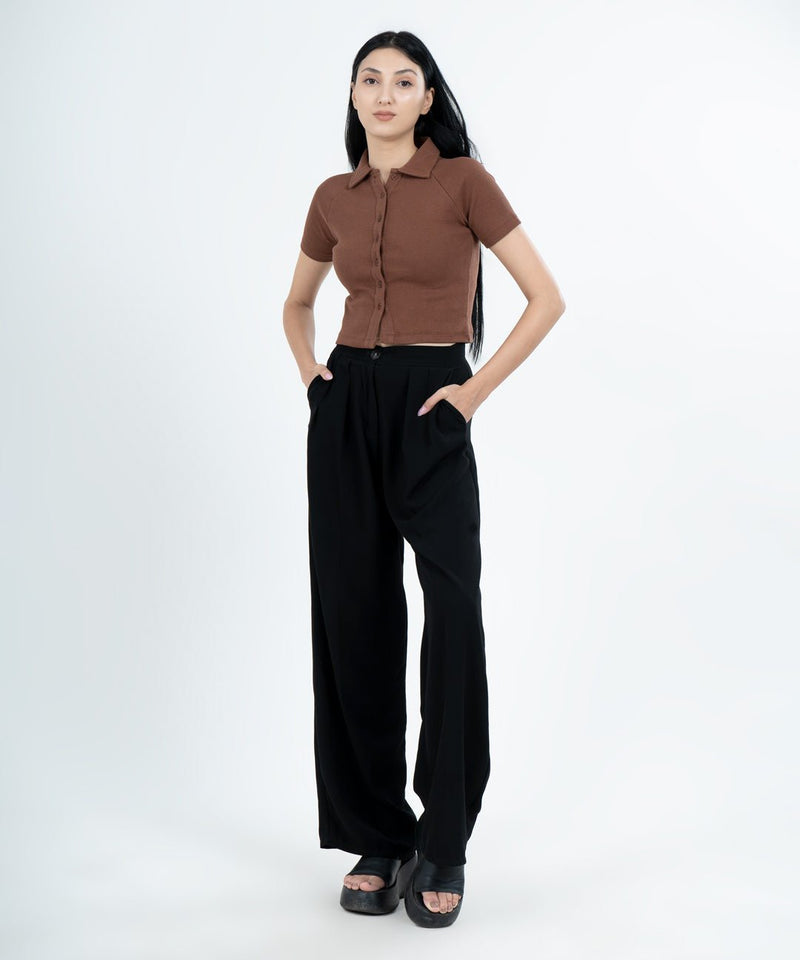 Ribbed Collar Half Sleeves Button Top - Chestnut Brown - TheBTclub