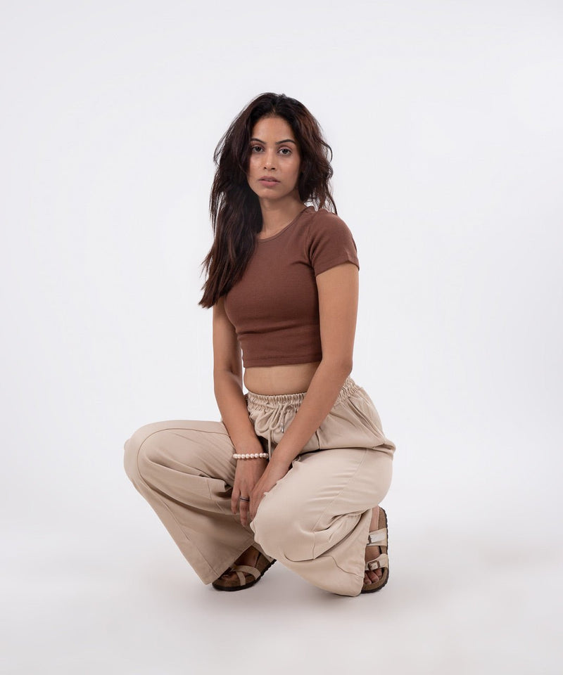 Ribbed Cropped T-shirt - Brown