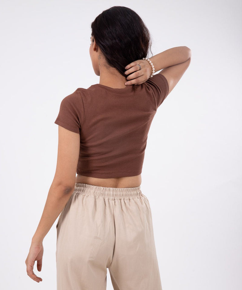 Ribbed Cropped T-shirt - Brown
