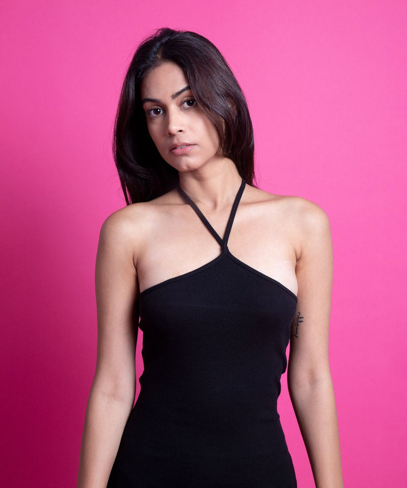 Ribbed Cross Shoulder Strap Dress - Black - TheBTclub