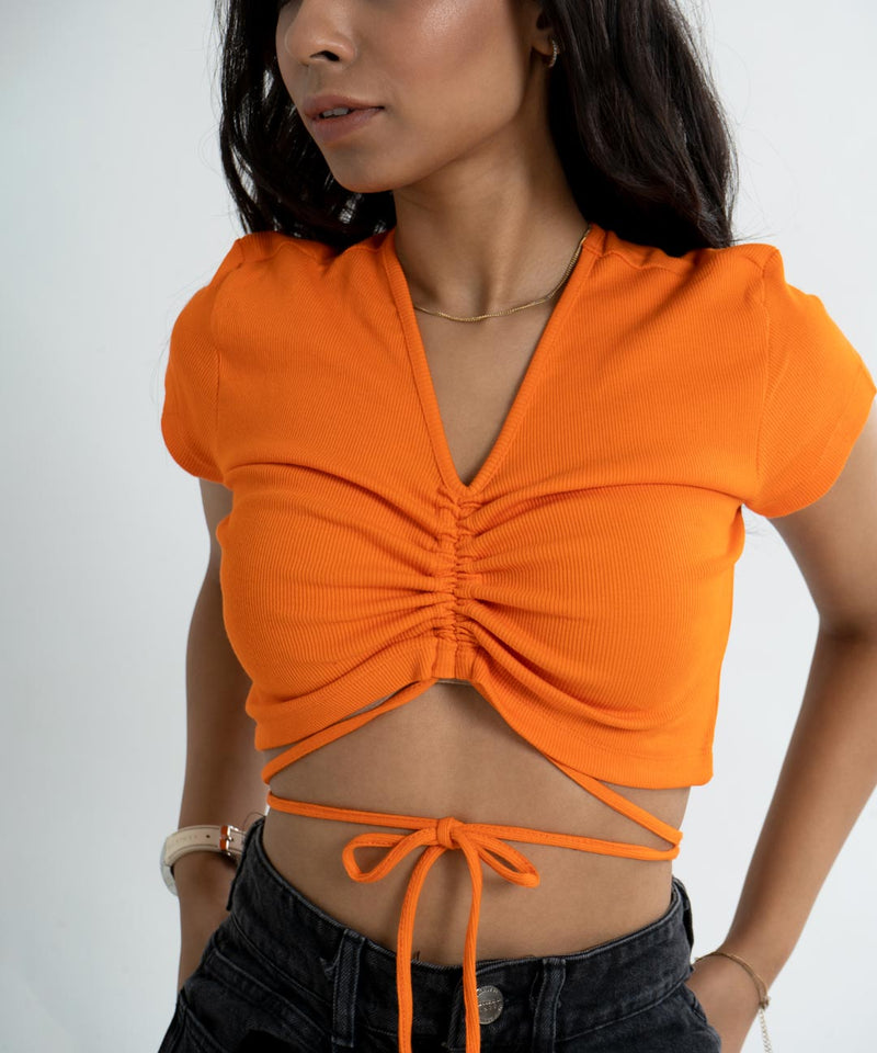 Ribbed Drawstring Half Sleeves Top V-Neck - Neon Orange - TheBTclub