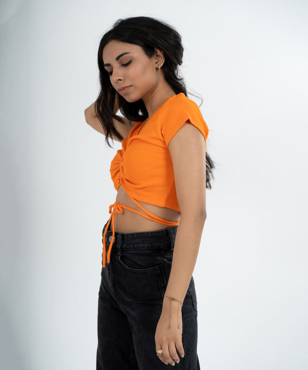 トップス VIVIANO / Gathered Neck Top orange Hannah V-neck Orange Top – Give Her Six