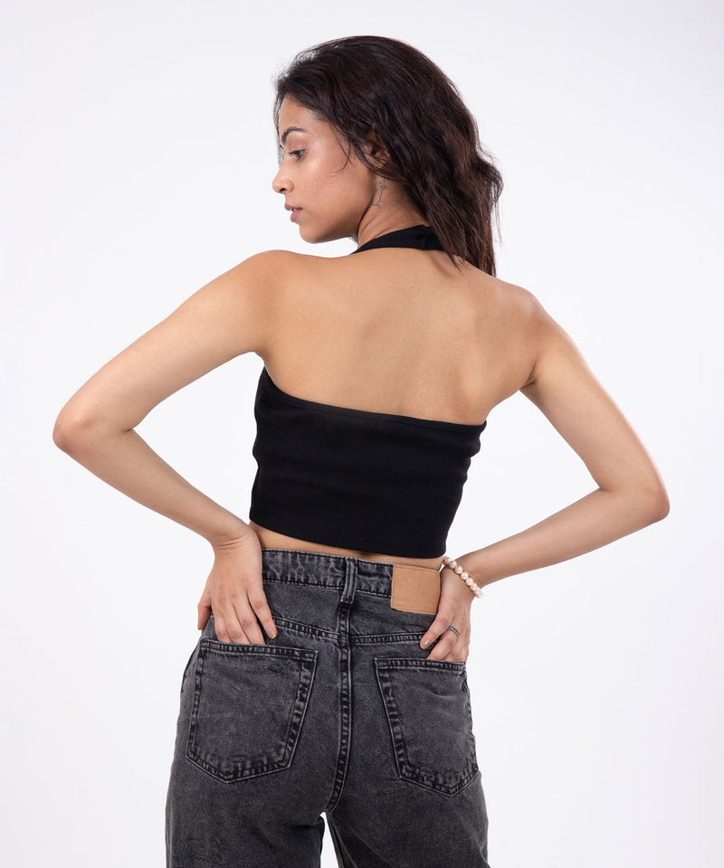 Ribbed HalterNeck Crop Top - Black