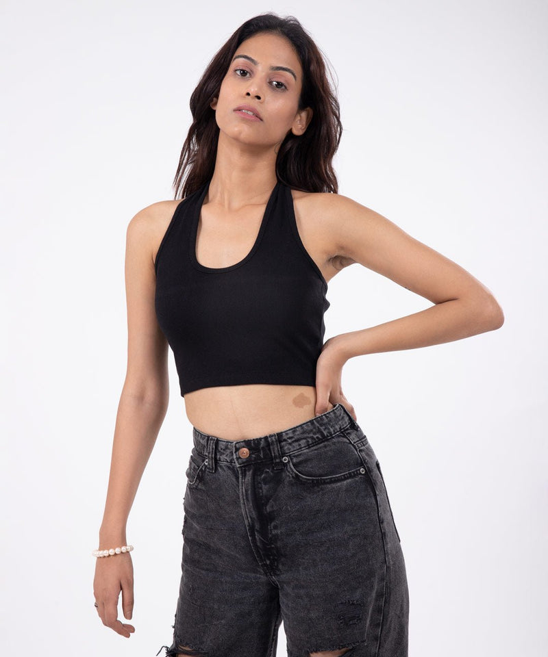 Ribbed HalterNeck Crop Top - Black