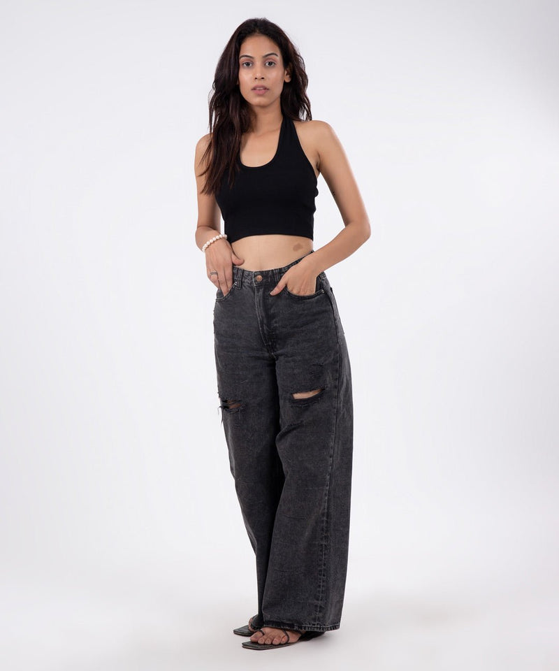 Ribbed HalterNeck Crop Top - Black