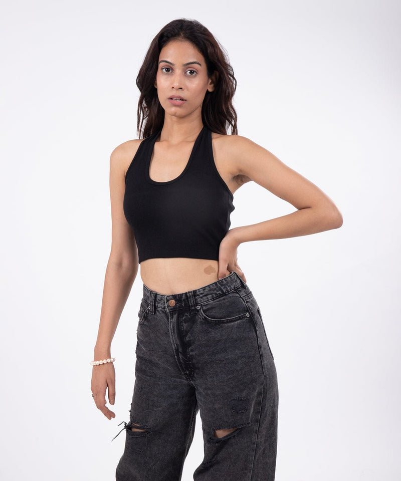 Ribbed HalterNeck Crop Top - Black