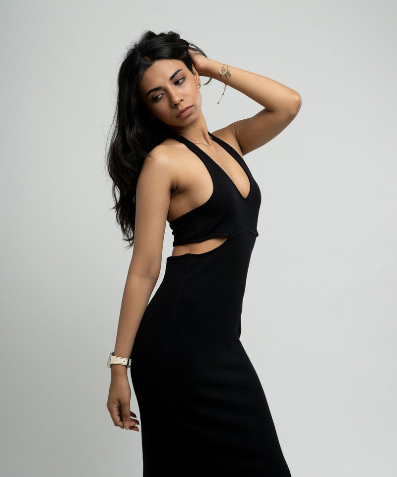 Ribbed Halterneck Bodycon Dress Black