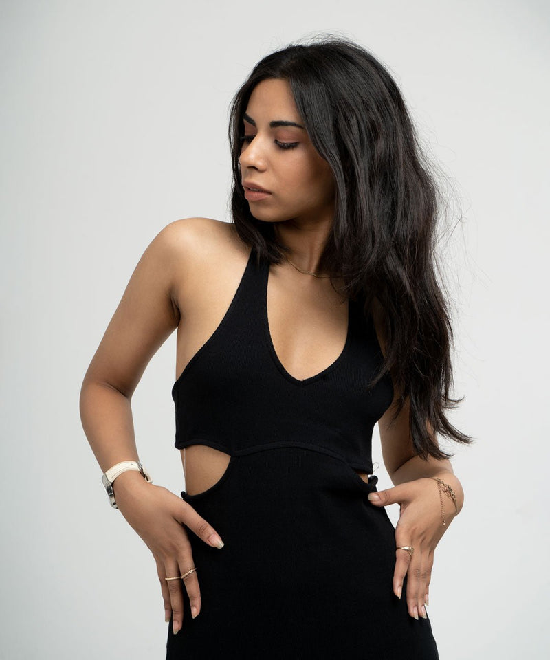 Ribbed HalterNeck Dress - Black - TheBTclub