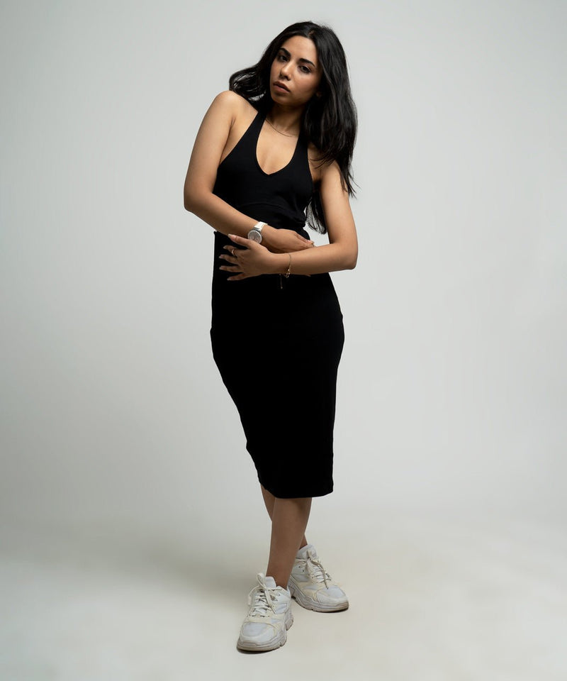 Ribbed HalterNeck Dress - Black - TheBTclub