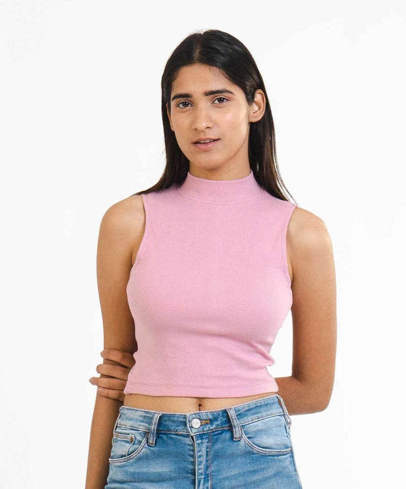 Ribbed high neck top - Rose Pink - TheBTclub