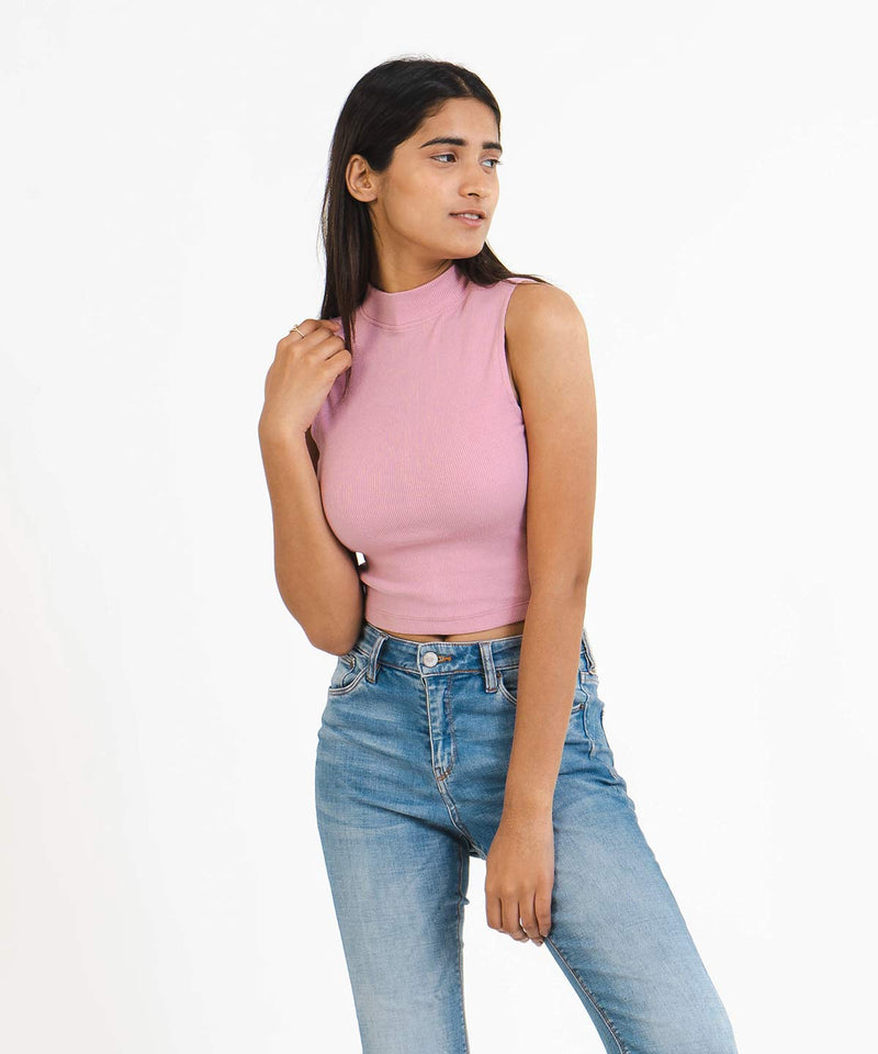 Ribbed high neck top - Rose Pink - TheBTclub