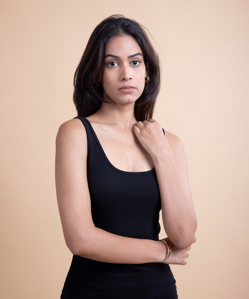 Ribbed Narrow Shoulder Drawstring Dress - Black - TheBTclub