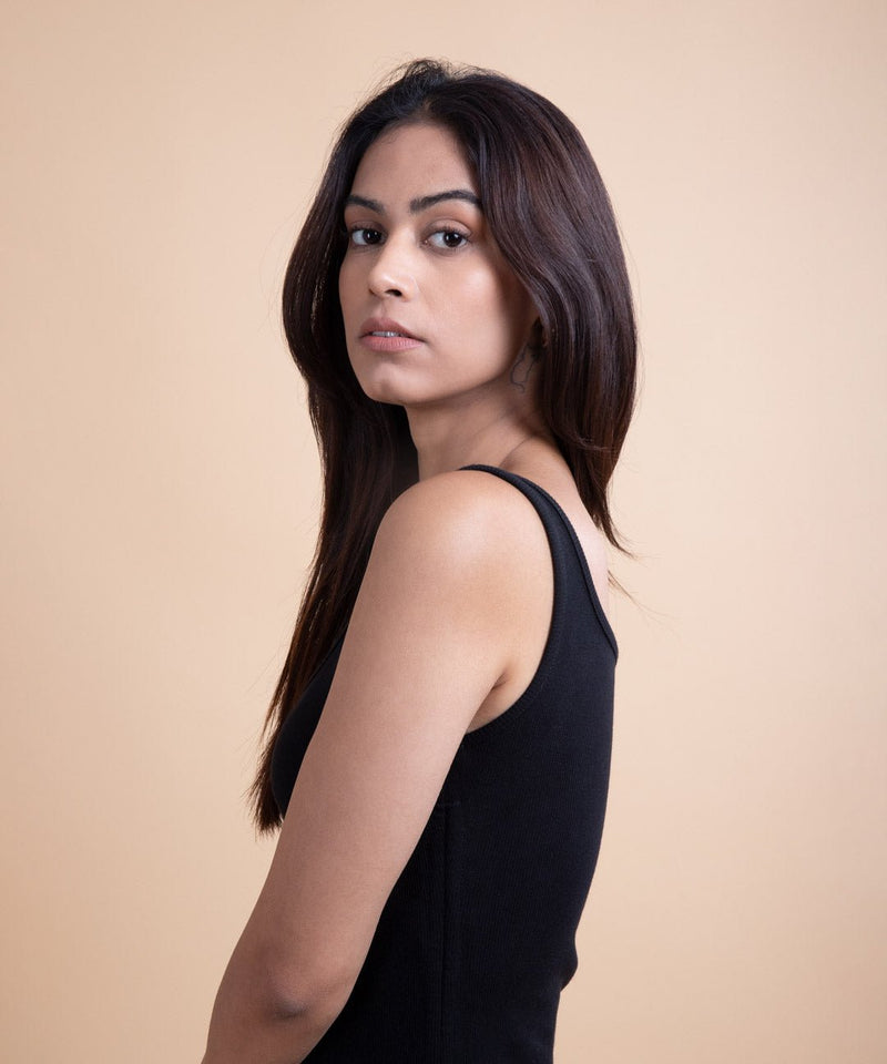 Ribbed Narrow Shoulder Drawstring Dress - Black - TheBTclub