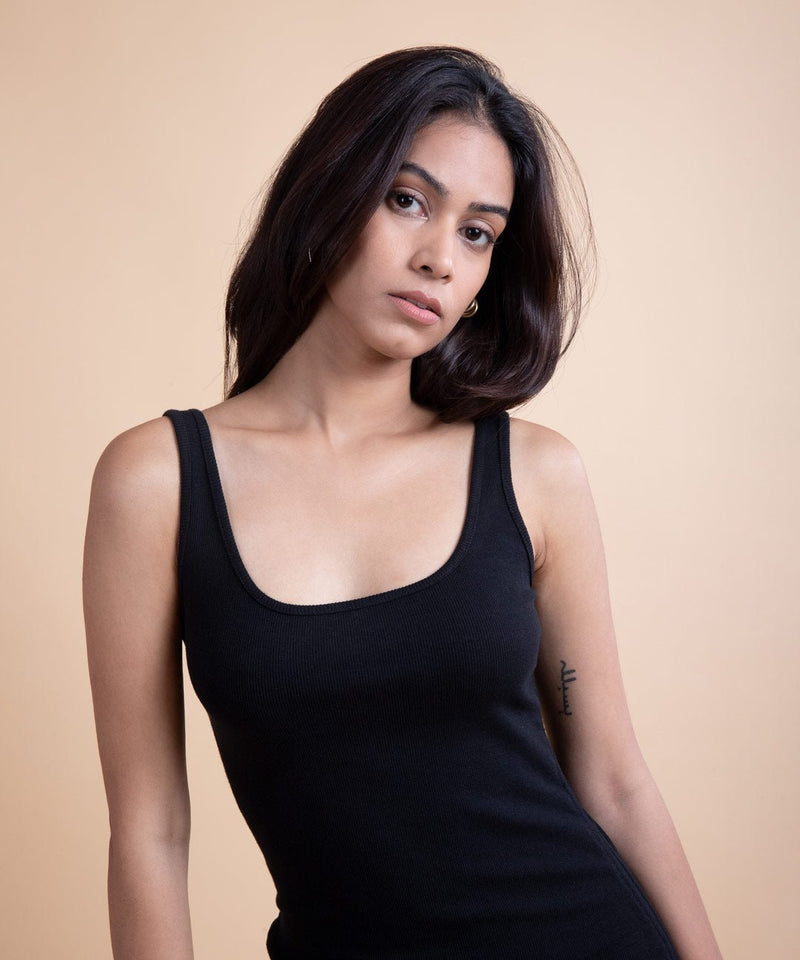 Ribbed Narrow Shoulder Drawstring Dress - Black - TheBTclub