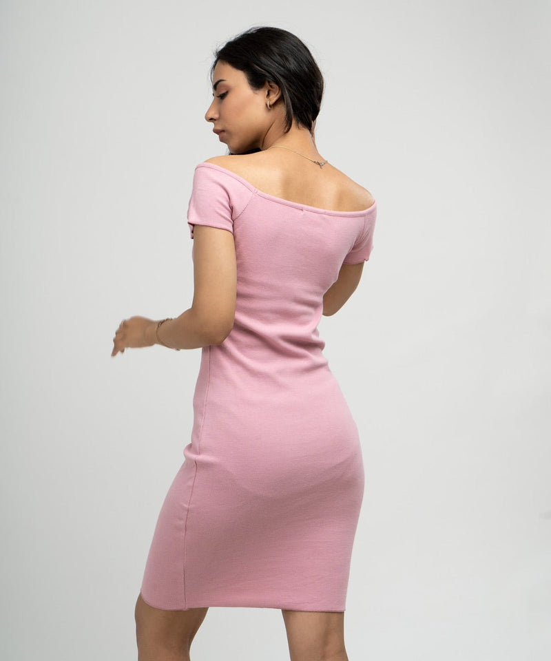Ribbed Off Shoulder Dress - Rose Pink - TheBTclub