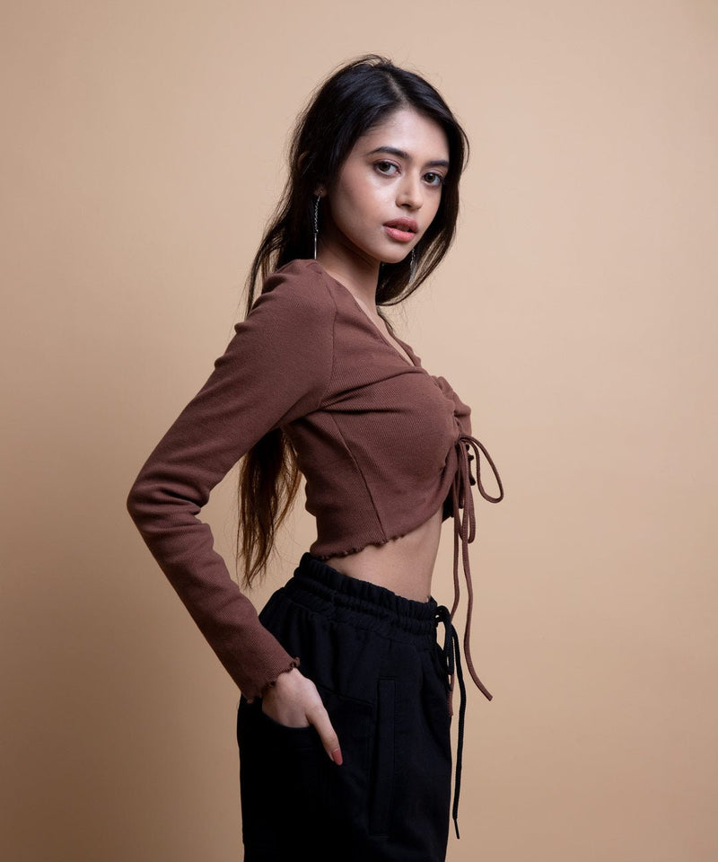 Ribbed Overlock Drawstring Full Sleeves Top V-Neck - Chestnut Brown - TheBTclub
