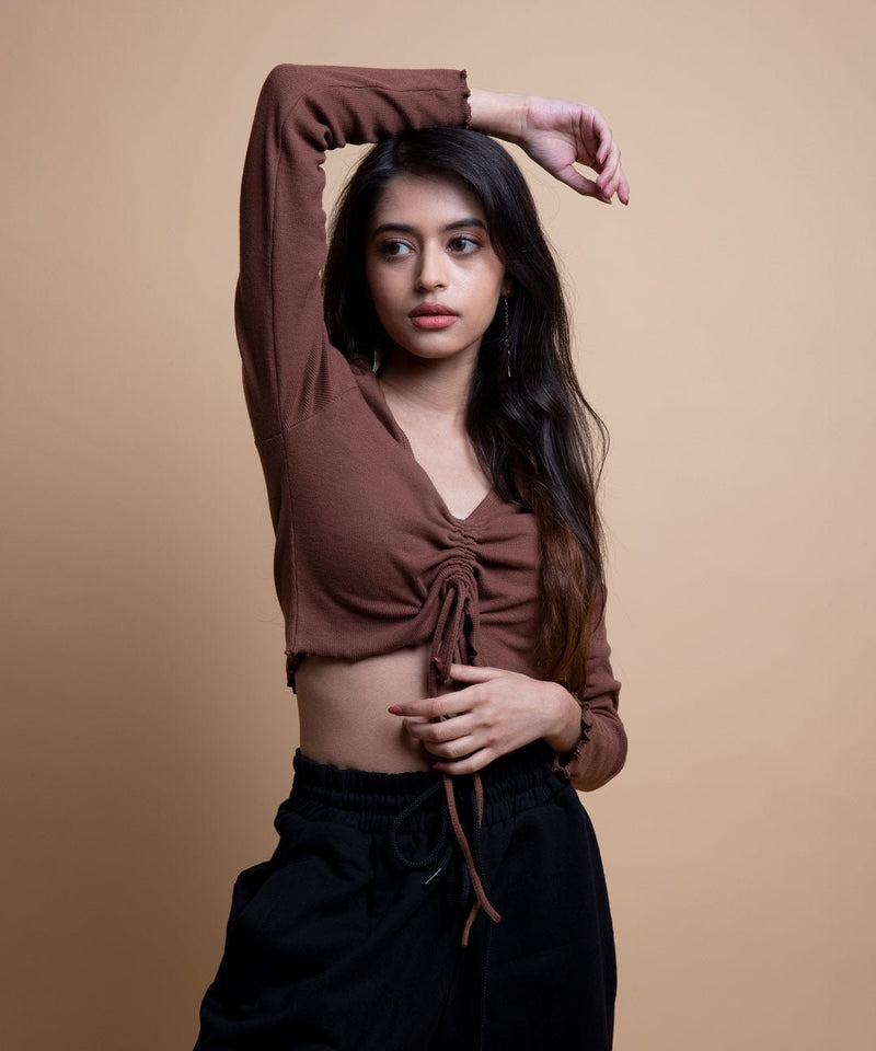 Ribbed Overlock Drawstring Full Sleeves Top V-Neck - Chestnut Brown - TheBTclub