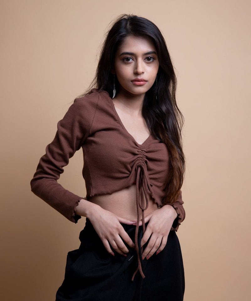 Ribbed Overlock Drawstring Full Sleeves Top V-Neck - Chestnut Brown - TheBTclub