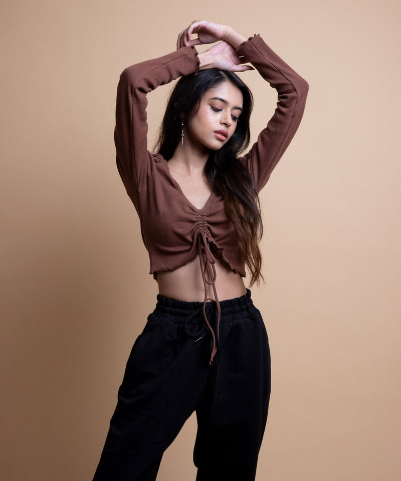 Ribbed Overlock Drawstring Full Sleeves Top V-Neck - Chestnut Brown - TheBTclub