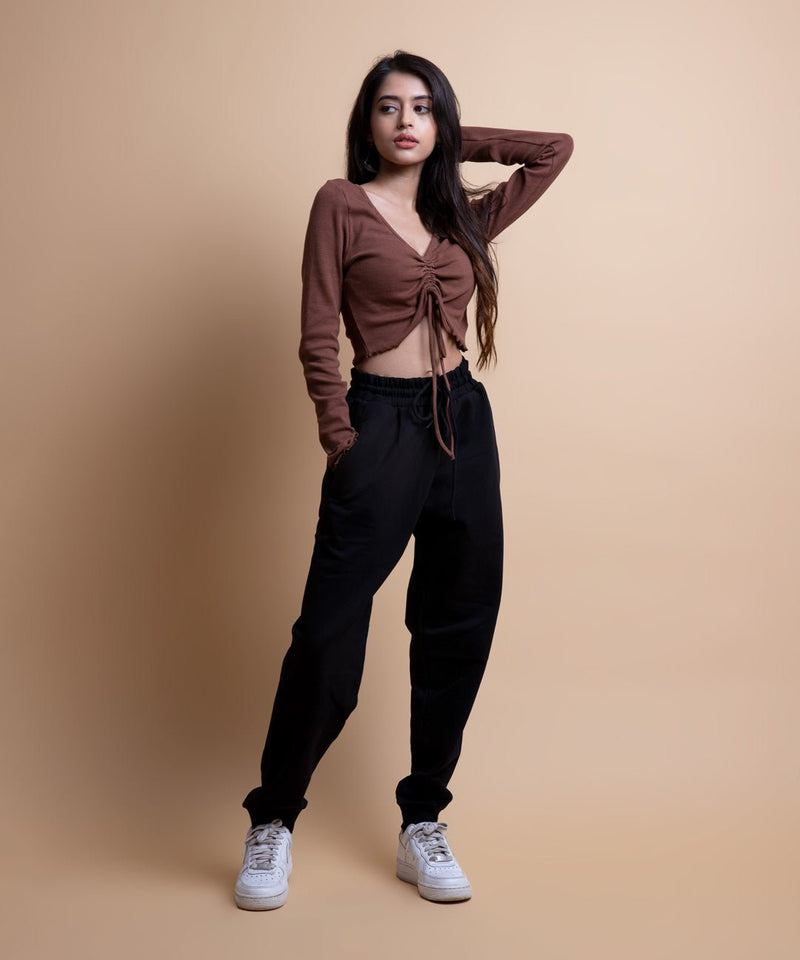 Ribbed Overlock Drawstring Full Sleeves Top V-Neck - Chestnut Brown - TheBTclub
