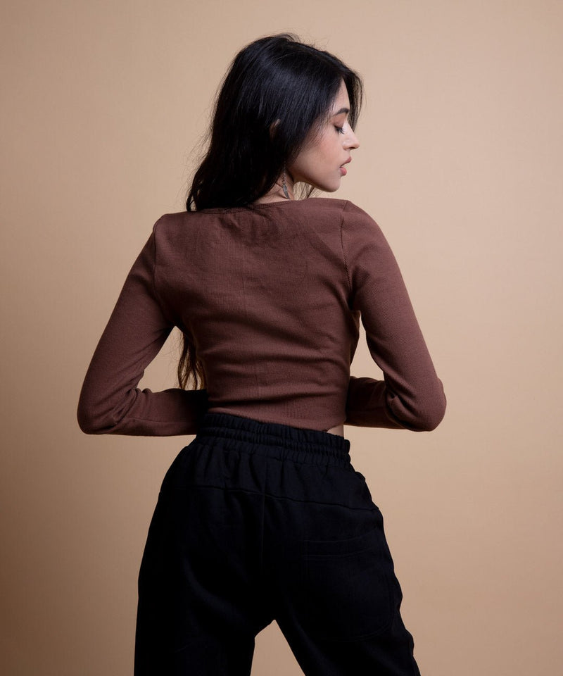 Ribbed Overlock Drawstring Full Sleeves Top V-Neck - Chestnut Brown - TheBTclub