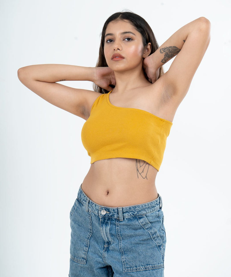 Ribbed Single Shoulder Diagonal Top - Mustard - TheBTclub