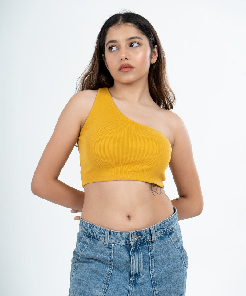 Ribbed Single Shoulder Diagonal Top - Mustard - TheBTclub