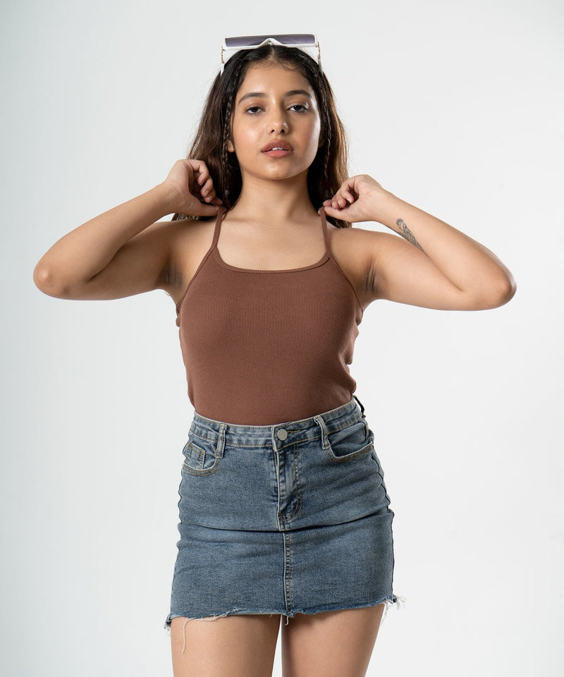 Ribbed Strapped Vest Top - Chestnut Brown - TheBTclub